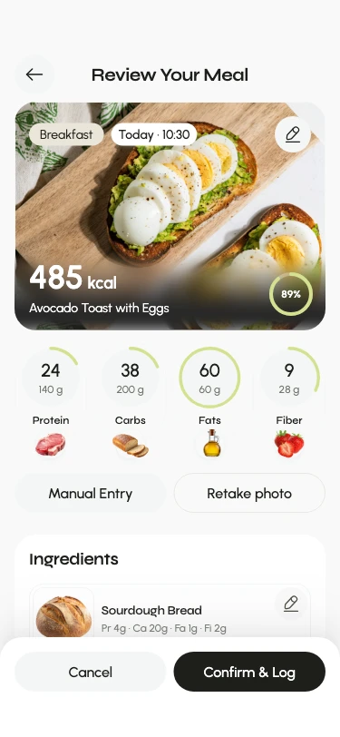 Review the food photo’s estimated calories, protein, carbs, fats, and ingredients before logging